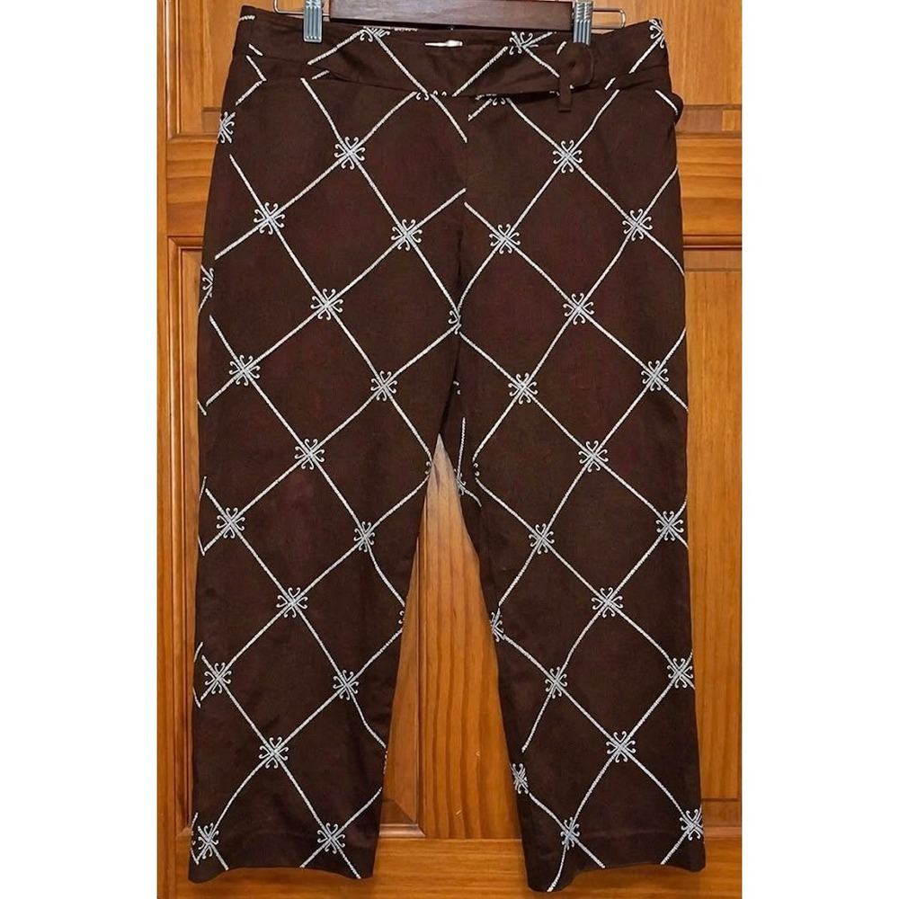 Ann Taylor Loft Marisa Brown Embroidered Lattice Cropped‎ Pants Trousers Size 6
